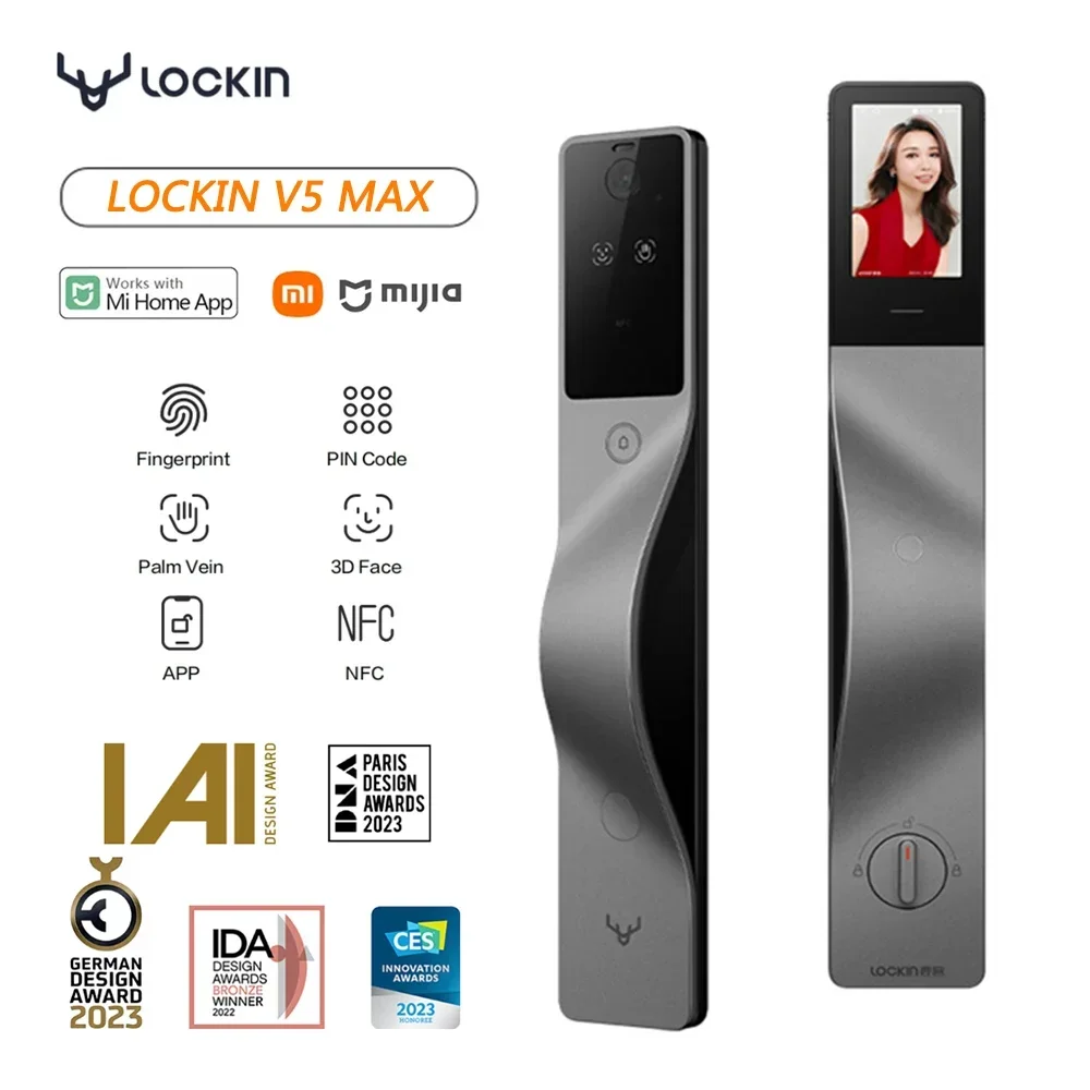 Фото Умный замок Lockin V5 Max с 3D-распознаванием лица, сканером пальмовых вен, экраном с функцией «кошачьего глаза», умным паролем и поддержкой приложения Smart Link для открытия левой двери. №1