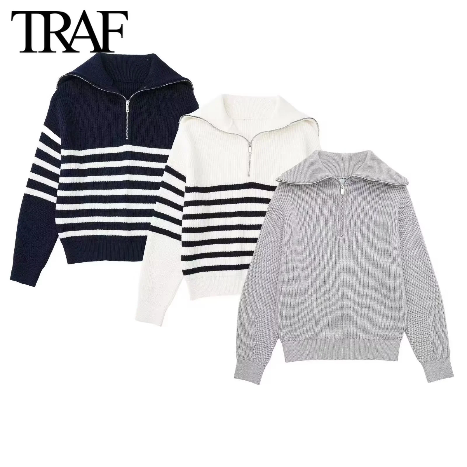 

TRAF Women Fashion Casual Fall Winter New Long Sleeve Lapel Pullover Knit Top Chic Female Loose Half Zip Striped Sweater