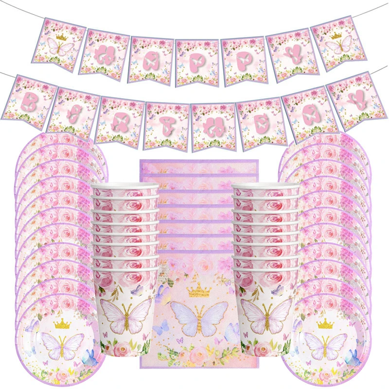 

Butterfly Birthday Disposable Tableware Happy 1st First Birthday Party Decor Kids Girl Butterfly Decoration Baby Shower Wedding