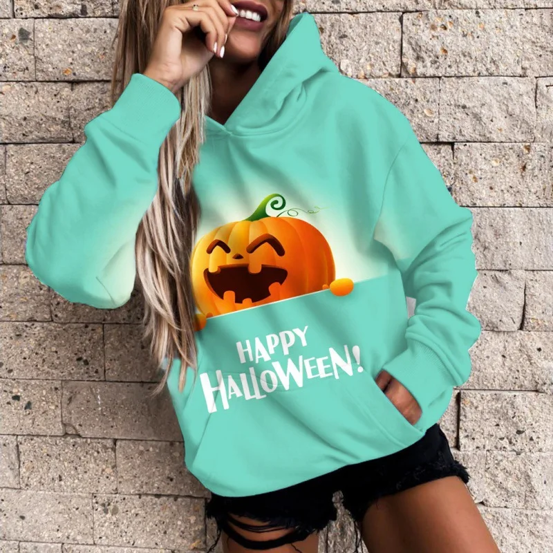 

Women's Halloween Pumpkin 3D Three-dimensional Pattern Printing Casual Long Sleeve Pullover Loose Hooded Sweater Autumn Women