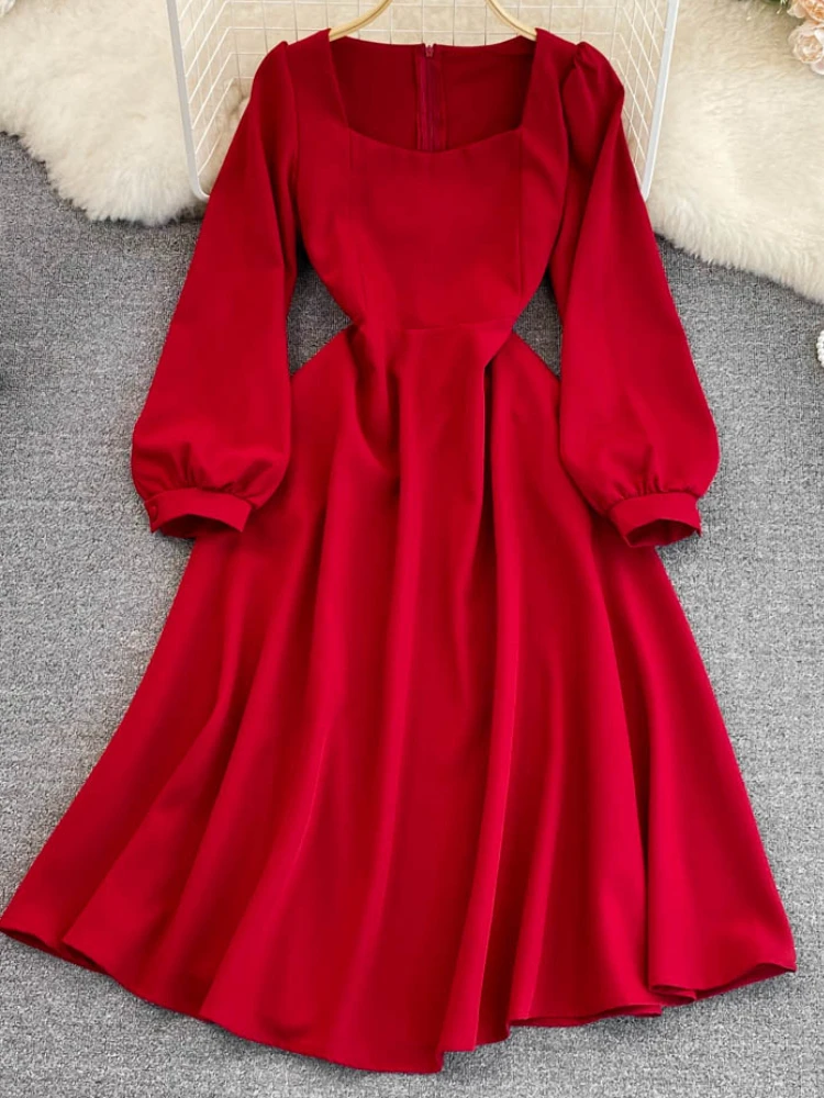 

Casual Elegant Fashion Women Midi Black Dress Vintage A-Line Slim Party Prom Red Vestidos Femme Hepburn Birthday Robe Clothes