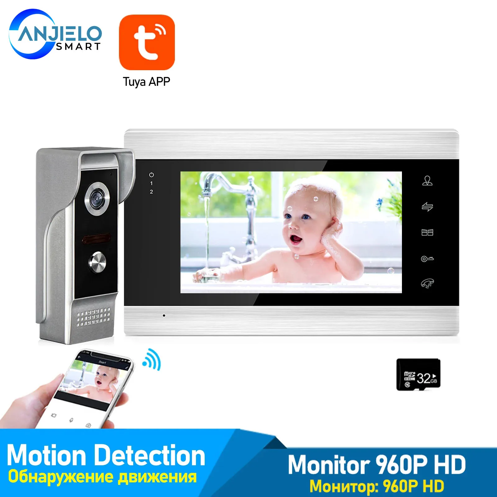 Video Door Phone Intercom System with 7 Inch AHD Monitor Remote Control Unlock Record By Tuya App Night Vision for Home Security