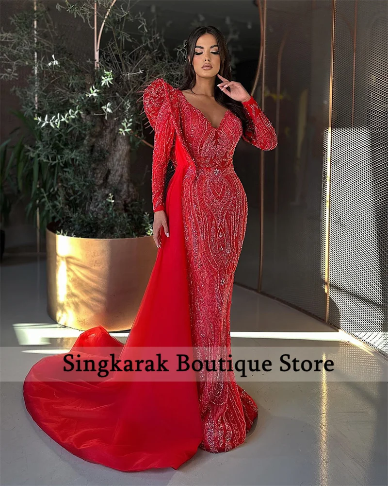 

Sparkly Red Mermaid Evening Party Dresses 2023 Glitter Beading Sequins Long Sleeves Party Gowns Dubai فسات Robes De Soirée