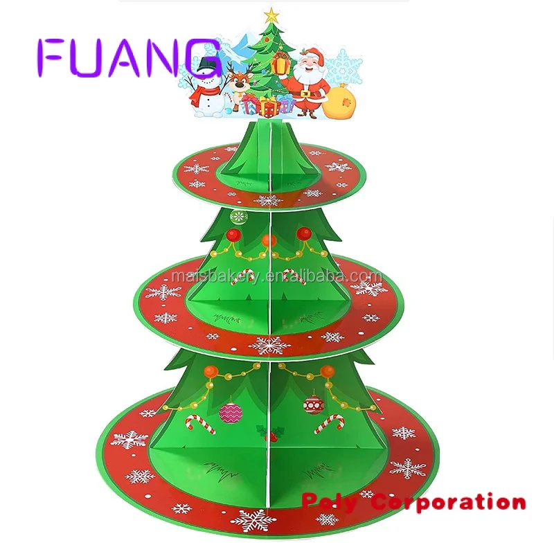 Christmas Cupcake Stand Holder 3 Tier Christmas Tree Cardboard Cupcake Tower Xmas Holiday Cake Toppers Stand Holder for Winter