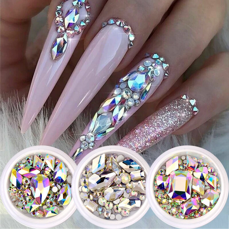 

1 Box Glitter 3D Rhinestones AB Flat Back Shiny Stones Nail Art Decorations Mixed Size Nail Gems Crystal Strass Accessories