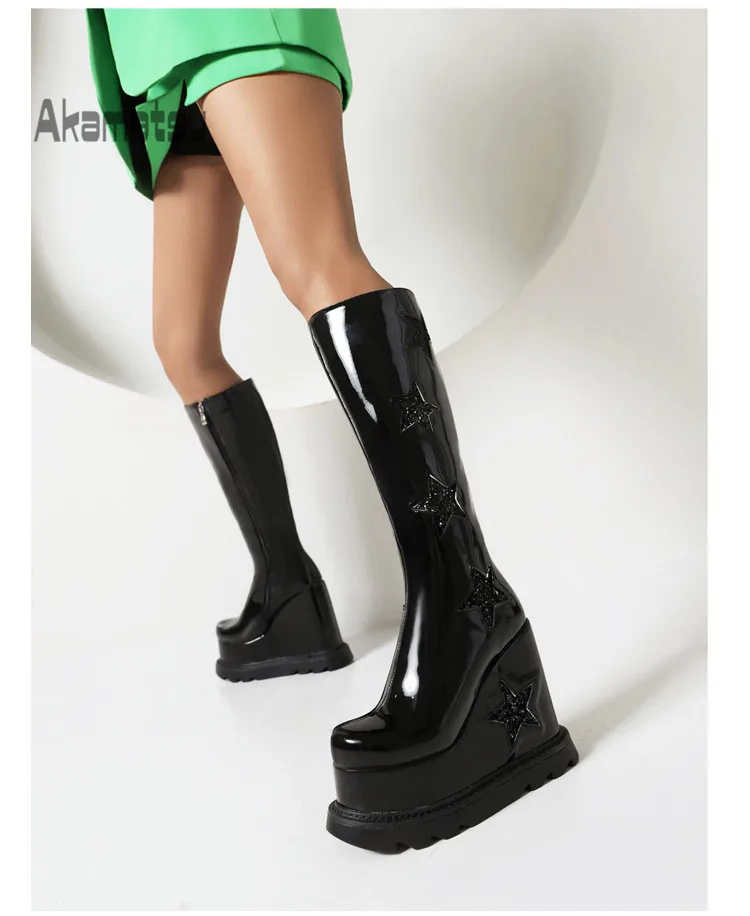 Women's Boots Pink White Black Star Patchwork Waterproof Platform Thick Sole Wedeges Heel Women's High Boots Large Size 36-43