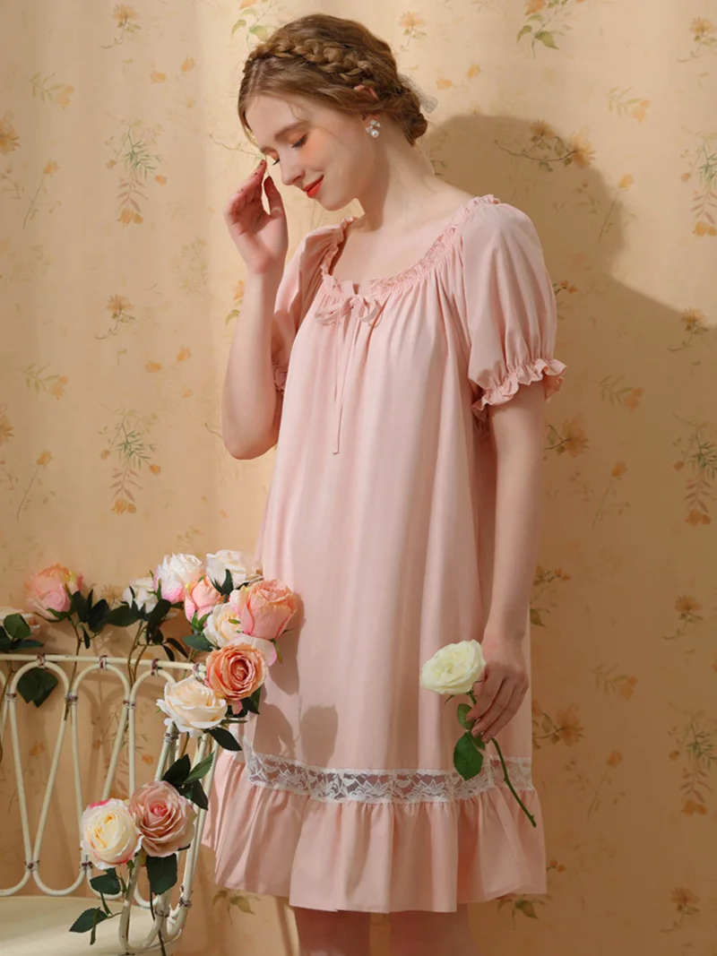 Women Princess Nightdress Cotton Ruffles Sexy Sleepwear Vintage Victorian Nightgowns Sweet Girls Lace Fairy Pajamas Homewear
