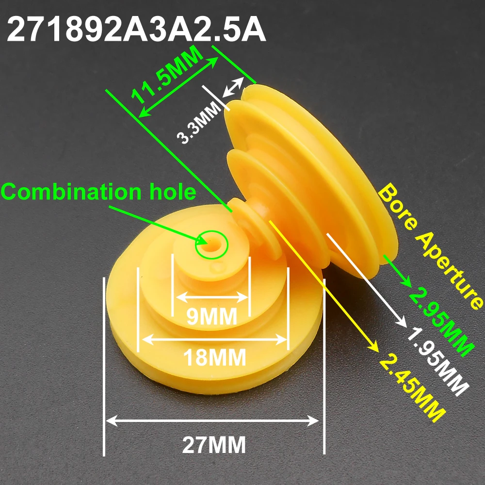 

1500Pcs/Lot Three-layer Plastic Pulley Groove Dia.27mm 18mm 9mm TH 11.5mm Bore Aperture 2.45mm+1.95mm+2.95mm 2.5A 2A 3A Yellow