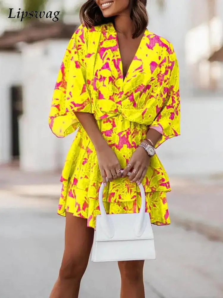 

2022 Summer Women Casual Layer Ruffle Dress Short Sleeve Elegant V Neck Loose Dress Holiday Fashion Pattern Print Female Dresses