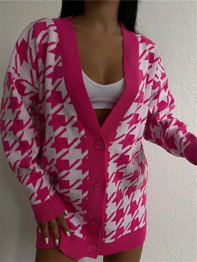 

Autumn Winter Women Vintage Geometry V-Neck Knitted Sweater Cardigan Office Lady Casual Color Matching Streetwear Sweaters Coat