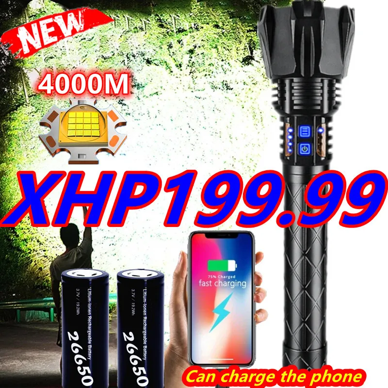 

4000M 200W High Power LED Flashlight Rechargeable Tactical Flash Light Torch 18650 26650 XHP199 Powerful Flashlight Hand Lamp