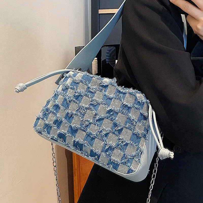 

Luxury Designer Checkered Denim Small Shoulder Crossbody Bags For Women 2022 Trend Fashion Jean Blue Flap Ladies Handbags
