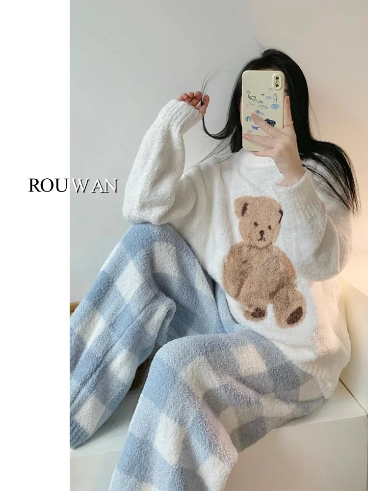 Корейская полубархатная пижама с милым медведем осенне-зимний вязаный