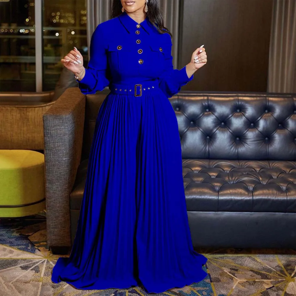 Elegant Pleated Jumpsuits & Rompers for Women Turn Down Collar Full Sleeve High Waisted Floor Length Luxury Birthday Party Cloth