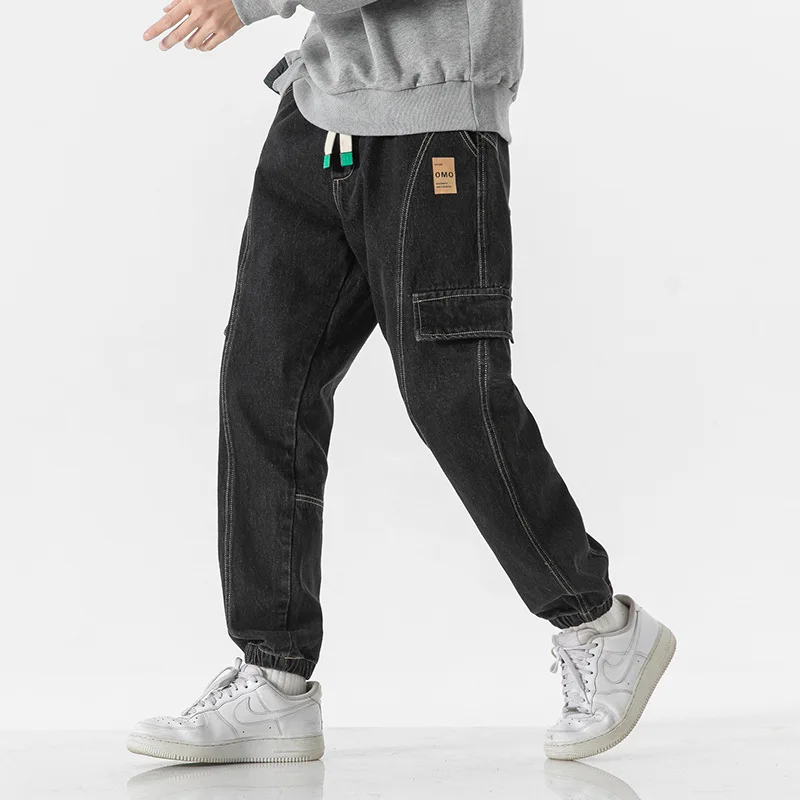 

LUCLESAM Men's Patchwork Jeans Topline Sweatpants Cotton Autumn Korean Loose Cargo Denim Leggings Large Size Long Pants
