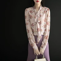 spring fall womens top chiffon shirt bow collar loose floral print office ladies blouses long sleeve fashion blouse blusas mujer