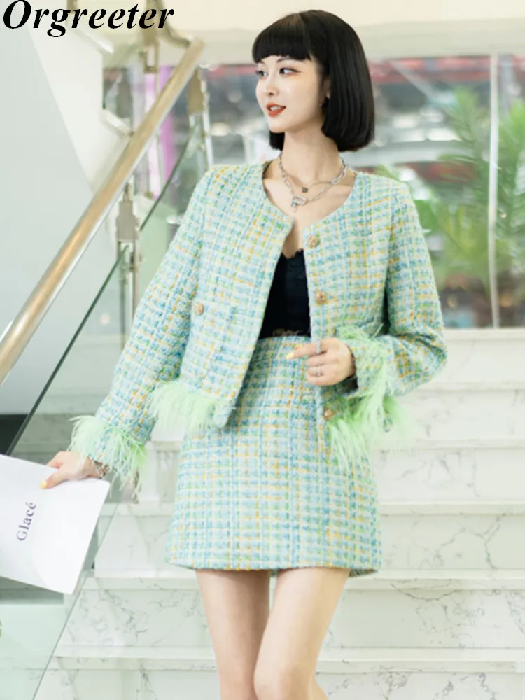 

Женский твидовый комплект из двух предметов, короткая куртка с перьевой отделкой и мини-юбка с высокой талией, Осень-зима 2022