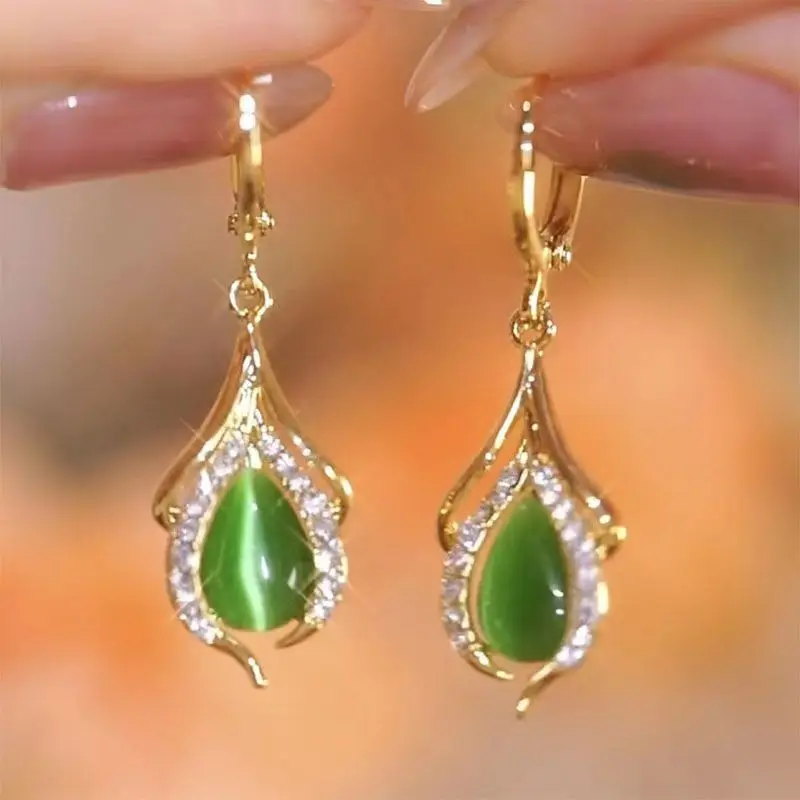 

New Inlaid Zirconia Drop Shaped Green Opal Earrings Women's Personality Fashion Summer Accessories Party Jewelry Birthday Gifts