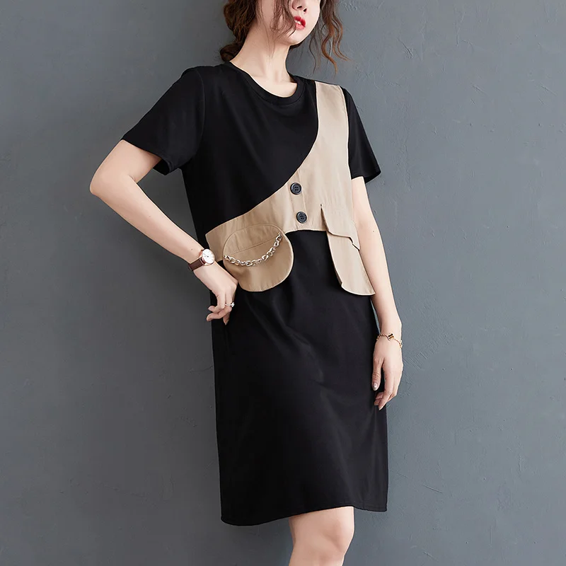 

#3302 Fake Two Pieces TShirt Dress Femme Cotton Straight Spliced Color Short Sleeves T Shirt Dress Women Loose O Neck Summer