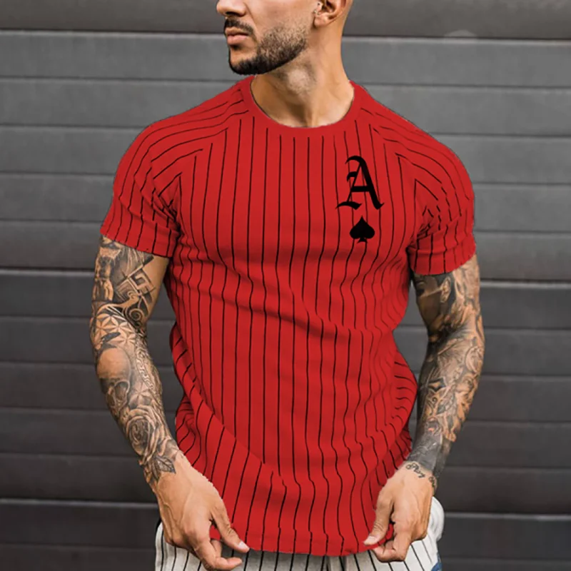 Summer New Fashion Men's Solid Color Striped Spades Card Pattern Casual Street Short Sleeve Round Neck Oversized Men's T-Shirt
