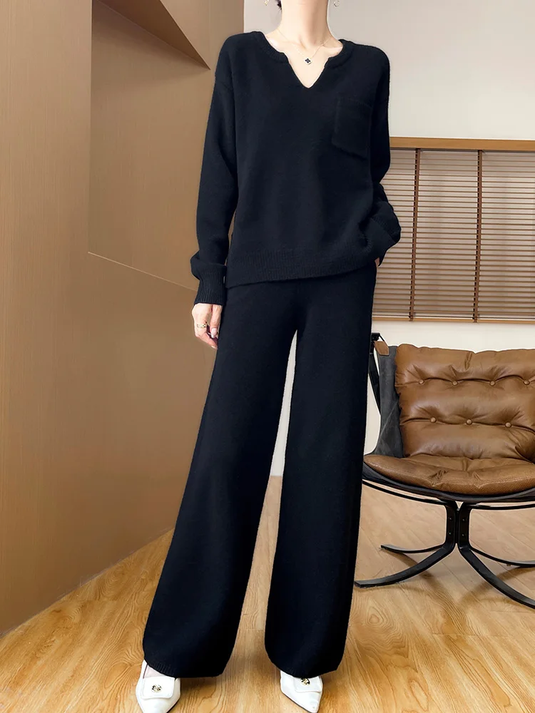 Женский свитер с карманами пуловер брюки костюм из 100% мериносовой шерсти