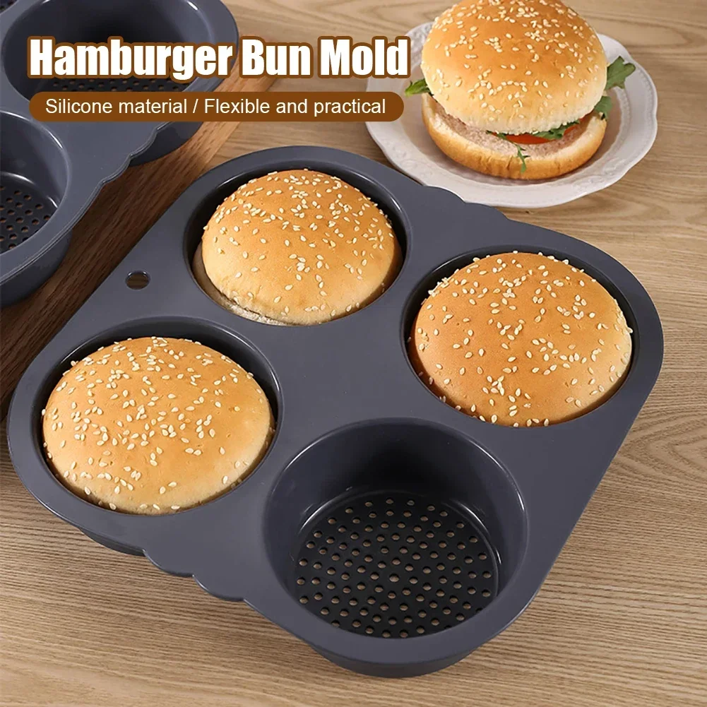 

Silicone Bun Mold Baking Hamburger Bread Pan Molds Silicone Sheetsstick Muffin Perforated Round Baking Mold Burger Cake tools