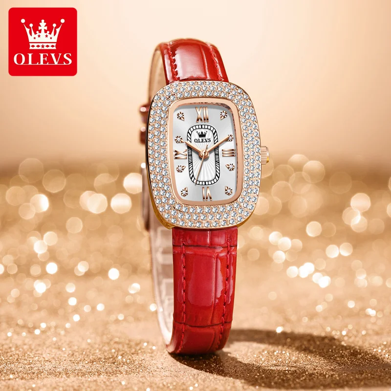 OLEVS Luxury Rhinestone Elegant Fashion Watch Women Quartz Watches Red Leather Band Ladies Wristwatch Gift Reloj Mujer enlarge