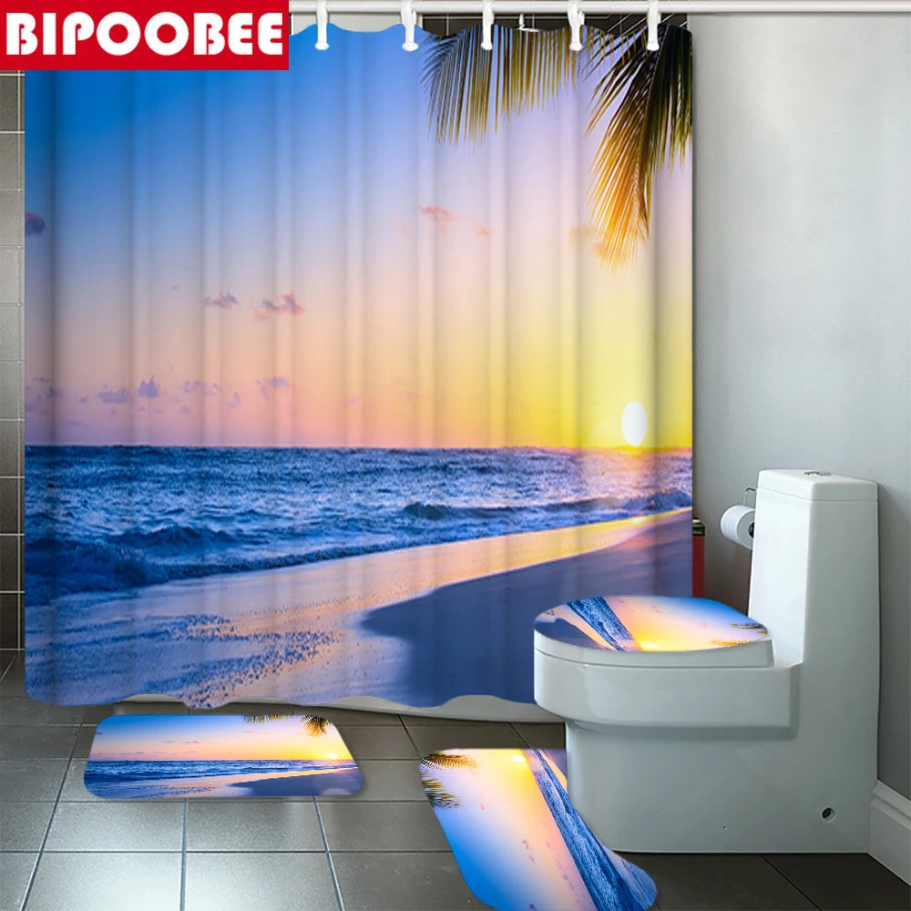 

Sea Ocean Sunrise Scenery Print Bathroom Shower Curtains Home Decor Bath Mats Rugs Toilet Lid Cover Pedestal Non-slip Carpet