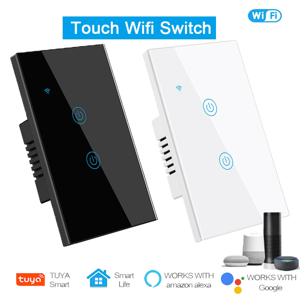 

Smehoart Tuya Smart WiFi Light Switch Touch Panel Wall Switch Touch Sensor Voice Control Alexa Google Home 2 Gang 220V US