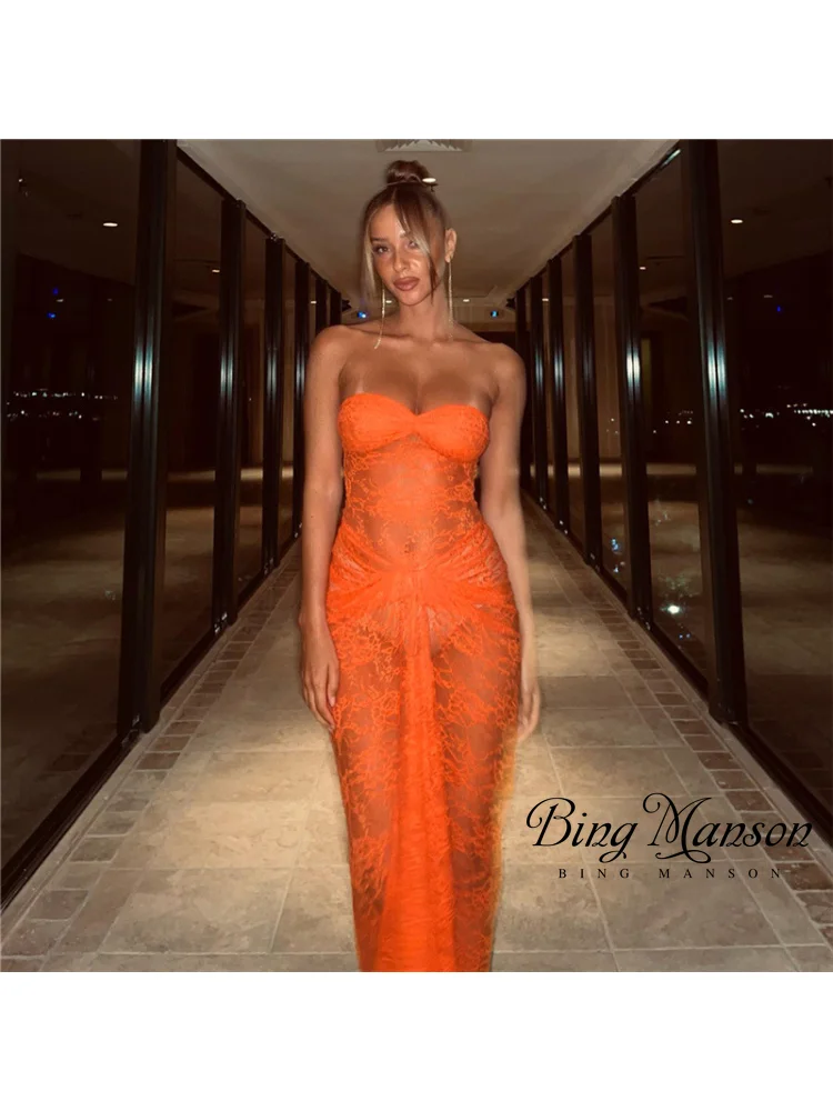 

European and American Style 2023 Summer New Women's Fashion Trend Sexy Wrapped Chest Lace Perspective Slim Fit Wrapped Hip Dress