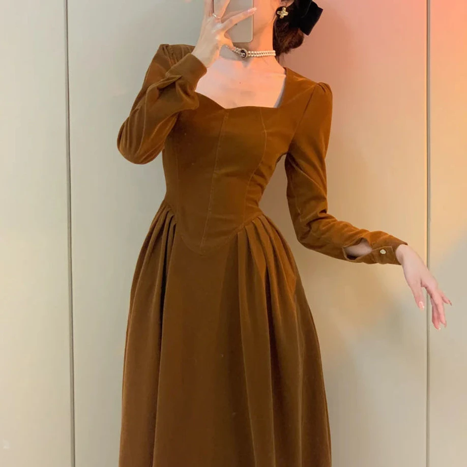 

Женское бархатное платье в стиле Хепберн, легкое платье из оленьей кожи во французском стиле с длинными рукавами, весна-осень 2023