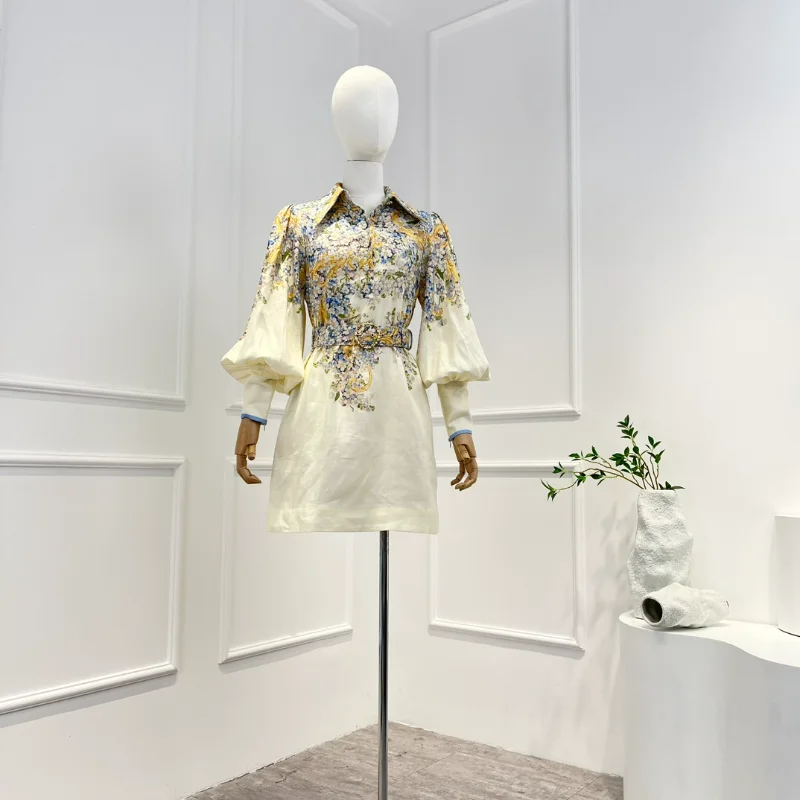 

2023 Summer Top Quality Women Fashion Linen Vintage Floral Print Turn-down Collar Lantern Sleeve Blet Mini Dress