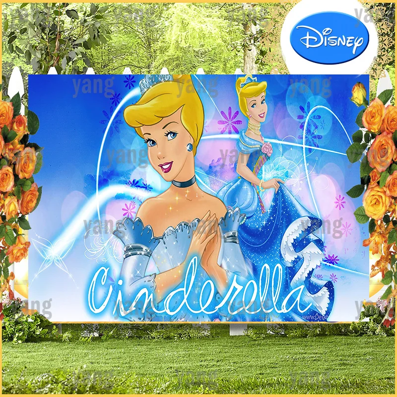 Cartoon Disney Romantic Backdrop A Blonde Princess In A Blue Dress Cinderella Birthday Party Custom Background Baby Shower
