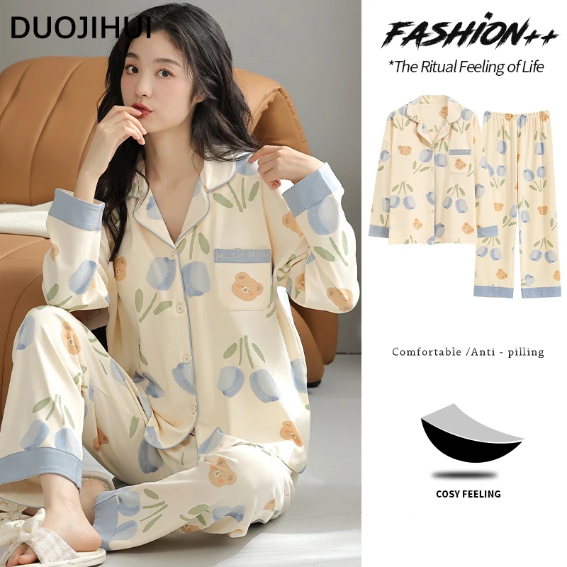 

DUOJIHUI Classic Floral Print Casual Pajamas for Women New with Chest Pad Cardigan Loose Simple Pant Fashion Female Pajamas Set