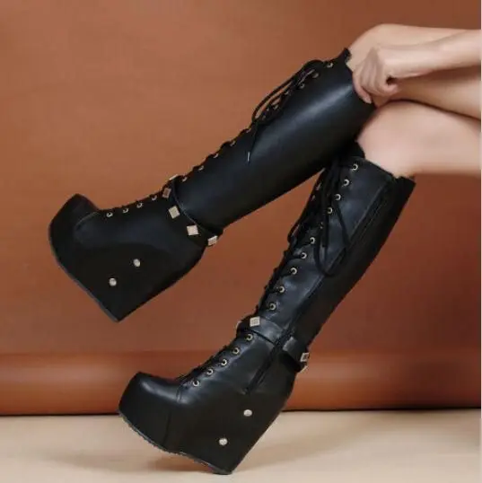 

Design Wedges High Heel Round Toe Boots Women Luxury Black Knee High Shoes Ladies Fashion Platform Leather Buckle Boots