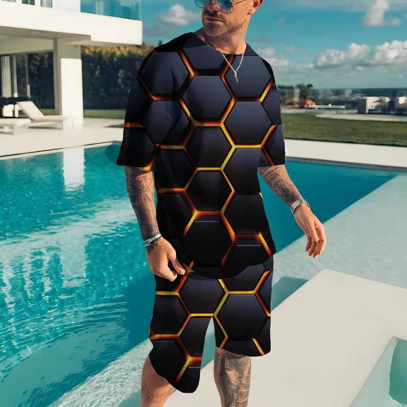 Summer New T Shirt Set Men's Tech 3D Pattern Street Sets Oversized Loose O Neck T-Shirt Shorts Tracksuits Casual 2 Piece Set