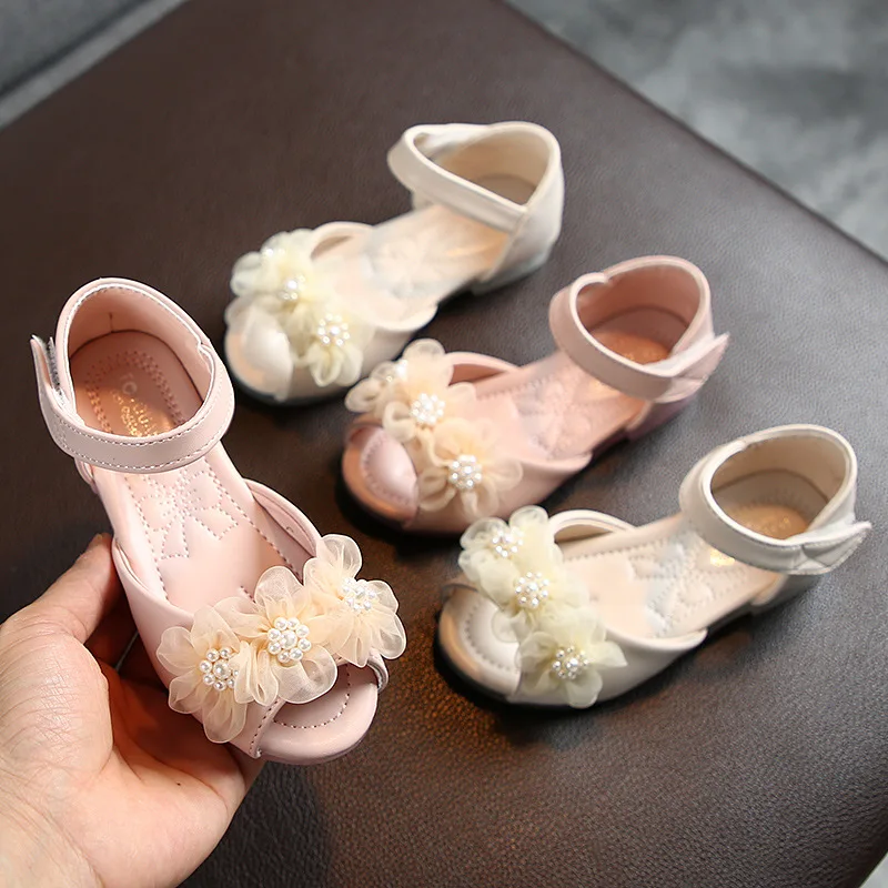 Summer Girls Flat Sandals Fashion Pearl Flower Girls Princess Shoes Toddler Baby Girl Shoes Flat Heels Sandals 2-8Y Size 22-31
