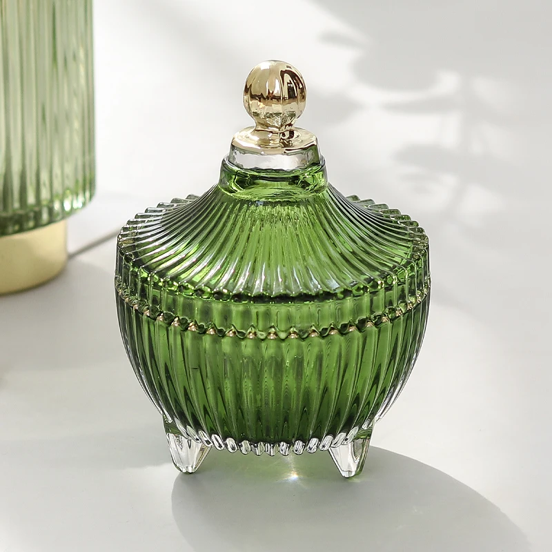 

Crystal Striped Glass Storage Jar Glass Jewelry Cosmetics Candle Jar Cotton Swab Box Exquisite Small Puff Ring Storage Candy Jar