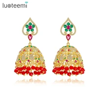 luoteemi multicolor pakistan zirconia bell drop earrings for bridal women party red beads heart shape big fashion jewelry gift