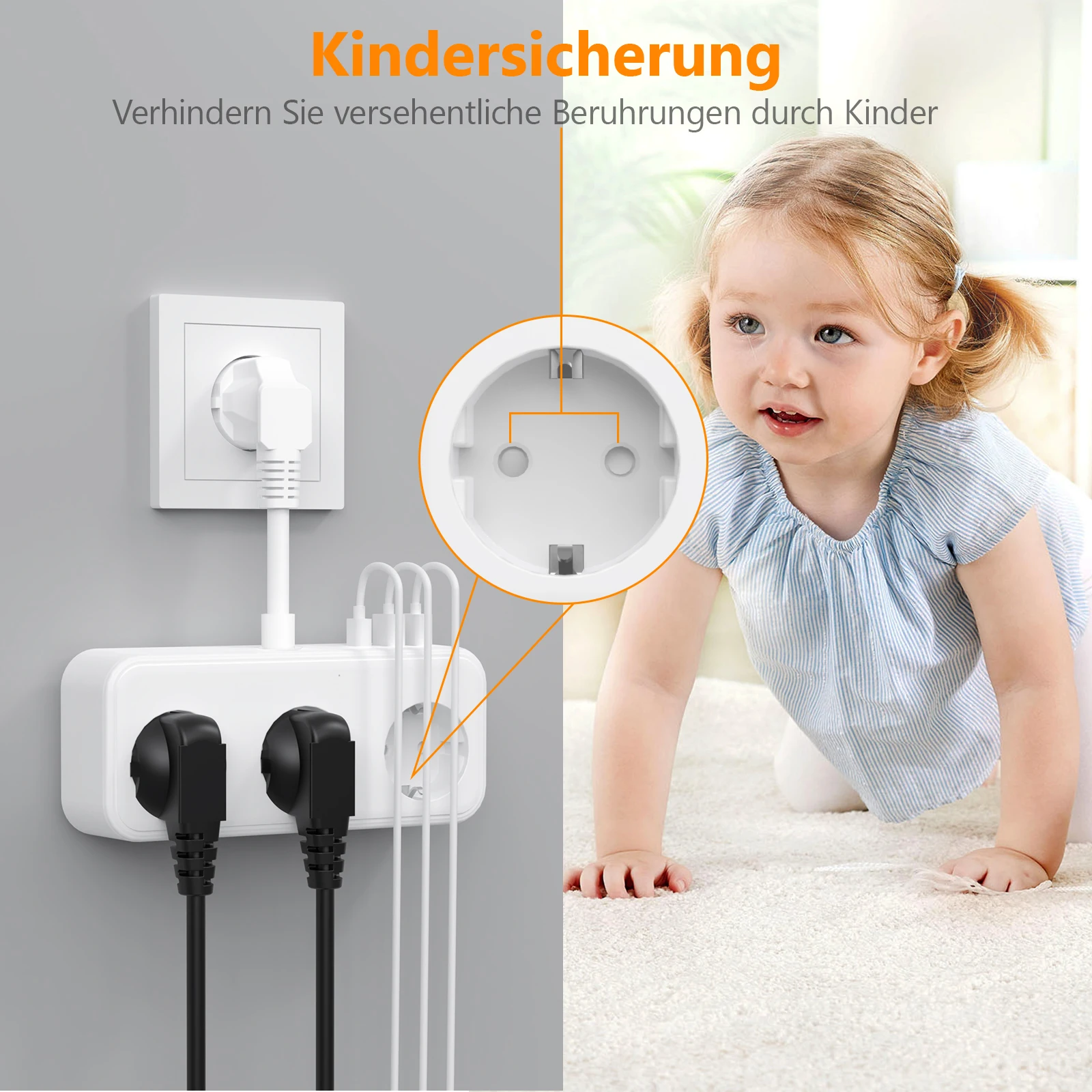 Удлинитель с вилкой европейского стандарта 3840 Вт 3 USB и розетками переменного