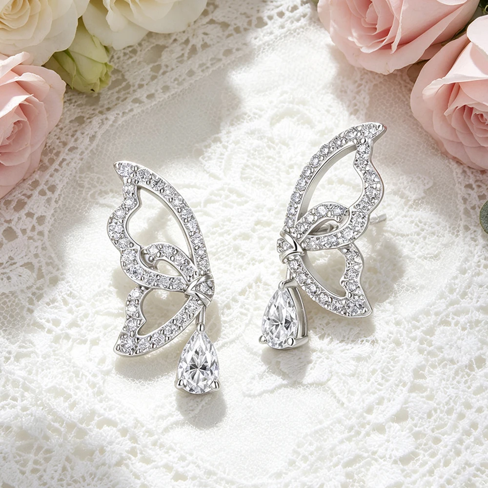 Фото Серьги-гвоздики XCY Moissanite в форме бабочки, серебро S925, сверкающие серьги-капли для женщин, для свадьбы, вечеринки, невесты, изысканные ювелирные украшения №2