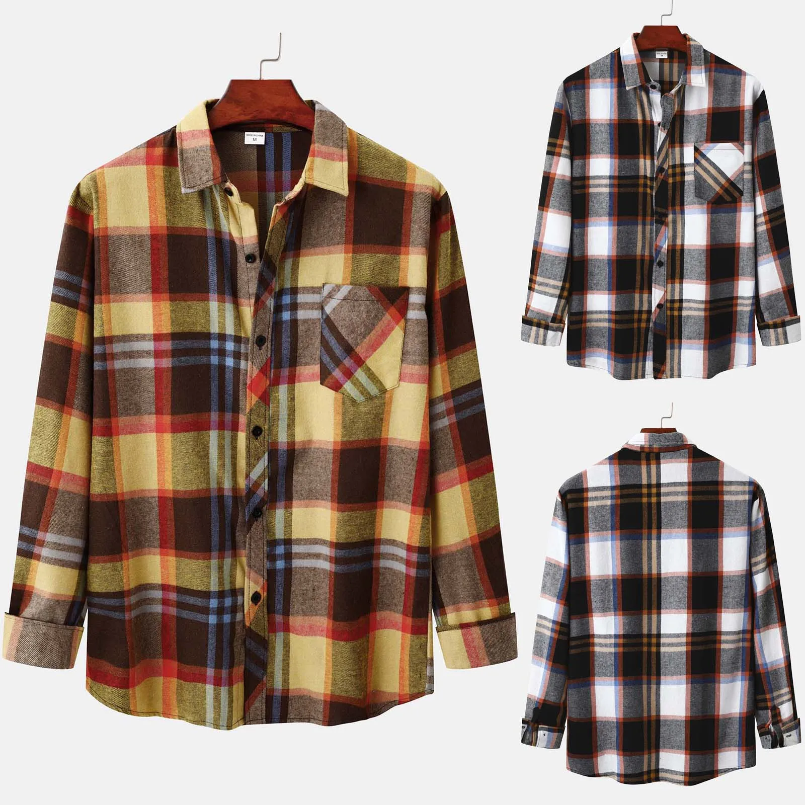 

Рубашка мужская с отложным воротником, Повседневная Базовая модная блуза в клетку, с длинными рукавами, в Корейском стиле, осень