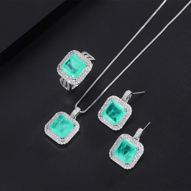 

Charms Square Paraba High Carbon Diamond Pendant Necklace Earring Adjustable Ring Women Wedding Anniversary Jewelry Gift Fashion