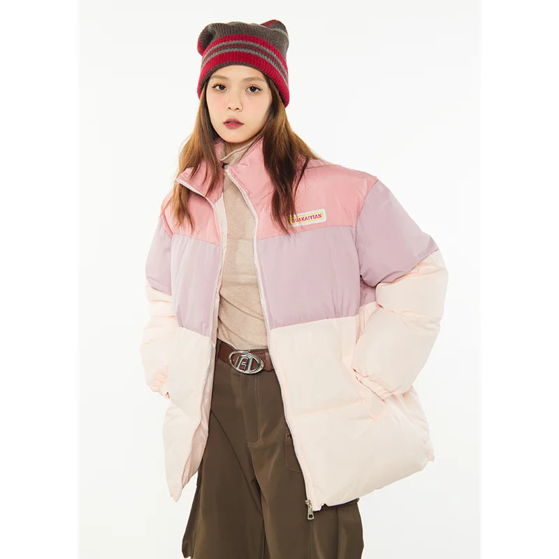 Women Pink Down Jacket Stand Collar Splicing Color Contrast Fashion Thicken Warm Feather Duck Down Female Puffer Winter Outwear