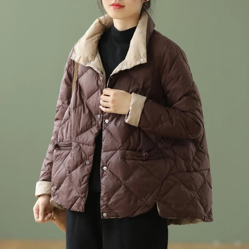 

Winter Oversize Duck Down Coat Women Vintage Short Puffer Jacket Autumn Pocket Casual Basic Parkas ED1677