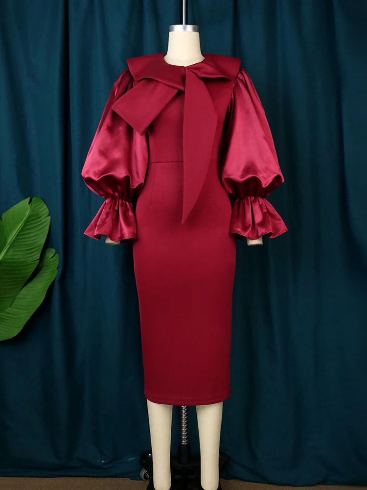Plus Size Midi Dresses Long Flare Sleeve Sheath Red Office Lady Evening Cocktail Event Occasion Party Outfits for Ladies 4XL