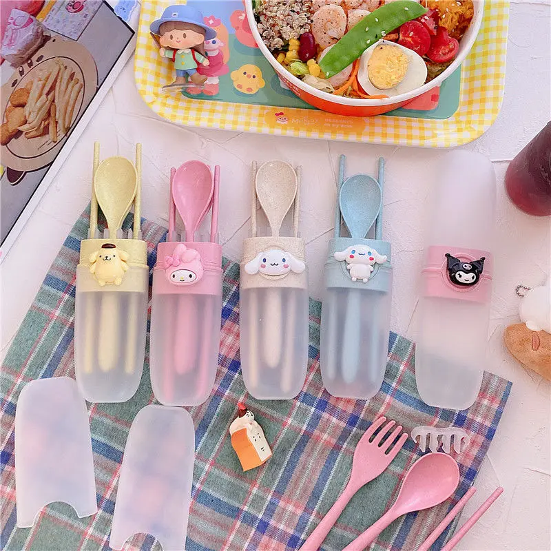 

Kawaii Sanrio My Melody Cinnamoroll Kuromi Cutlery Fork Spoon Chopsticks 3Pcs Student Cute Portable Case Wheat Straw Tableware