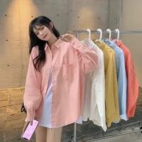 womens solid color long sleeve blouse spring summer casual single breated loose shirt top lady pockets basic shirt