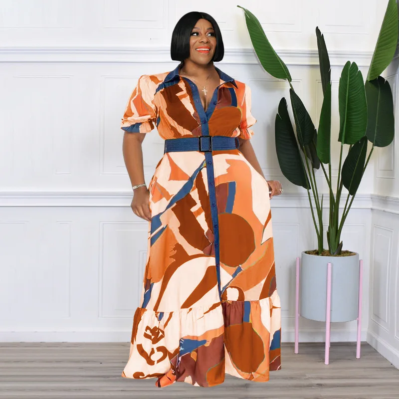 Plus Size Women's Dress Autumn/Winter 2022 New Color Print with Belt Loose Casual Dress Temperament Commuter Plus Size Feminino