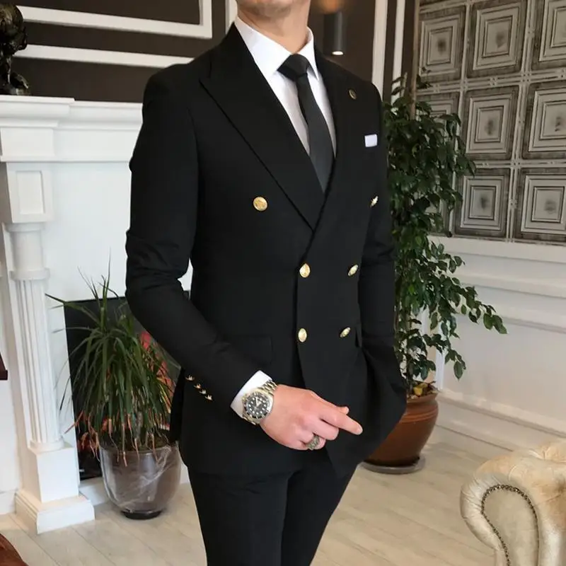 

2022 Fashion Peak Lapel Black Men Wedding Prom Dress Suits Double Breasted Men Suits Groom Party Tuxedo 2 Pieces Set
